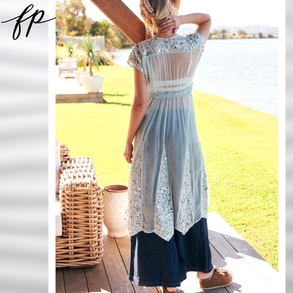 FREE PEOPLE Make a Splash Sheer Sequin-Embellished Tie Front Long Cover-Up/Dress - Picture 2 of 16